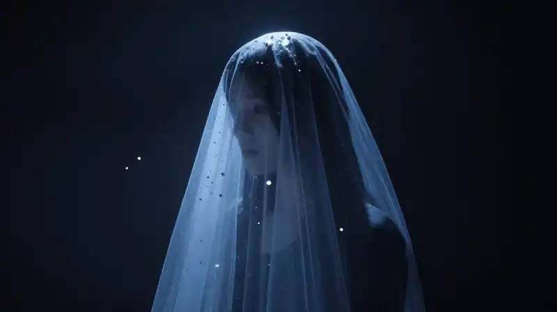 A shadowy silhouette emerges through mist and glowing light fragments