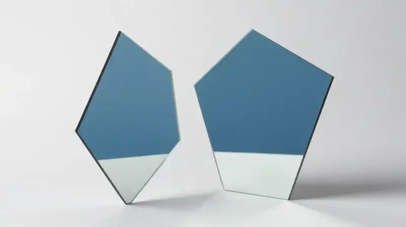 Geometric shards float between distorted mirrors and paper landscapes
