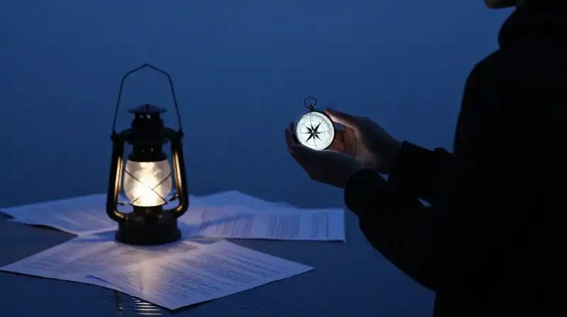 A silhouetted person holds a glowing compass amidst scattered papers