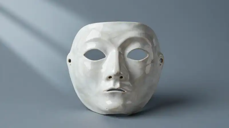 A fragmented porcelain mask rests amidst soft blue shadows