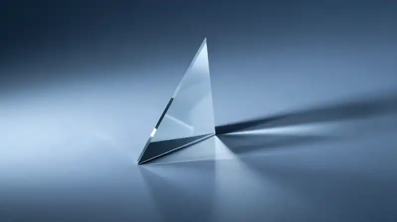Fractured light paths diverge through a distorted glass prism