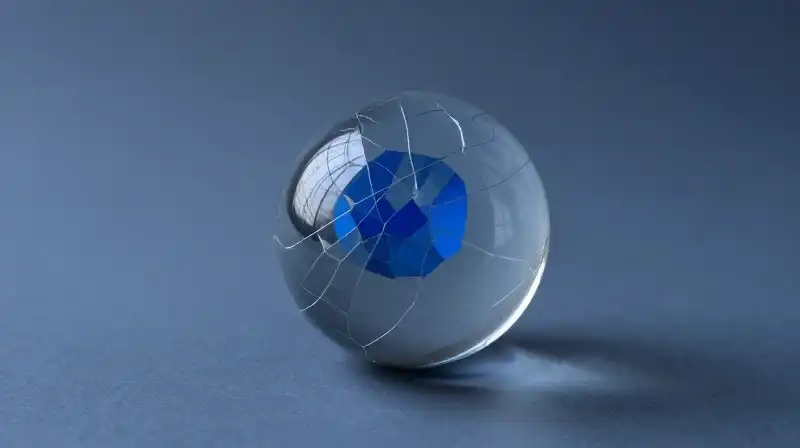 A cracking glass sphere reveals blue geometric shapes inside
