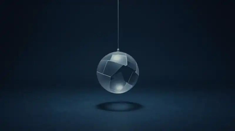A single puppet string descends toward a fractured geometric sphere