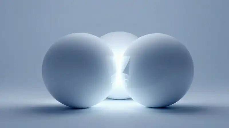 Glowing geometric spheres interlock within a calm, blue void