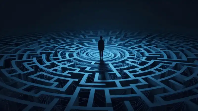 A lone silhouette wanders through a maze of blue lines
