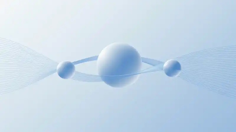 Interlocking geometric spheres and flowing lines float in blue
