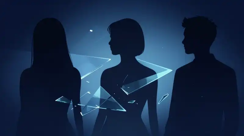 Three silhouettes emerge from shifting blue geometric shadows