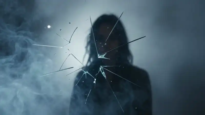 A shadowy silhouette reflects in fractured, mist-filled mirror shards