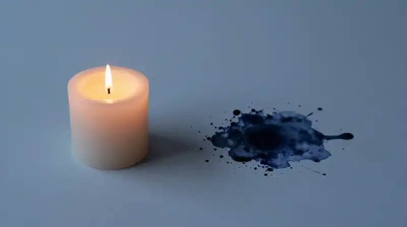 A warm candle flame battles a spreading cold ink stain
