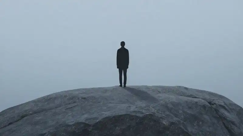 A solitary silhouette turns away within a calm blue void