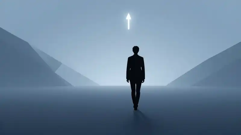 A silhouette walks toward a distant light through blue mist