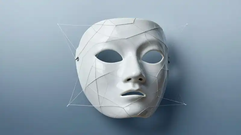 A fragmented porcelain mask rests amidst a delicate web