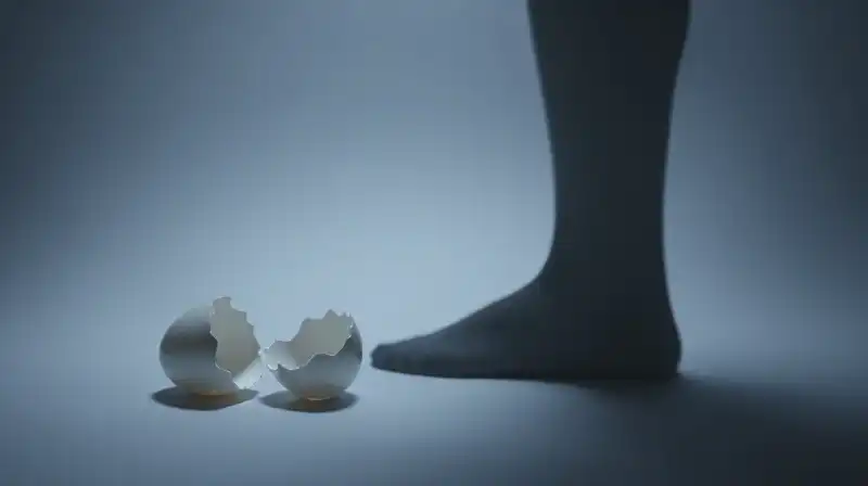 A lone shadow stands amidst shattered glass eggshells