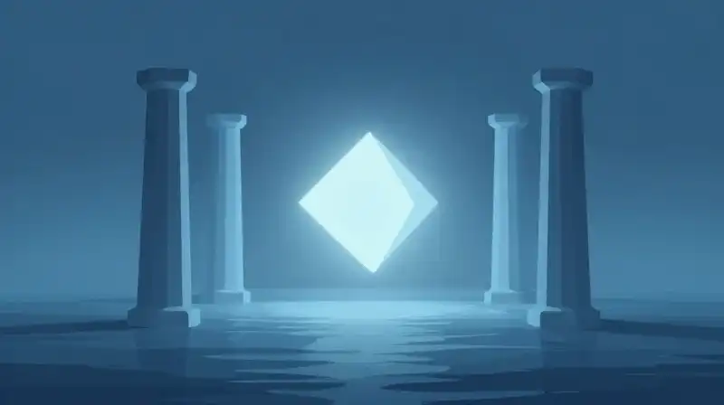 Glowing geometric pillars rise from a calm, blue ocean