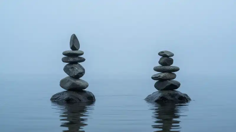 Two stone cairns balance on calm, misty blue water