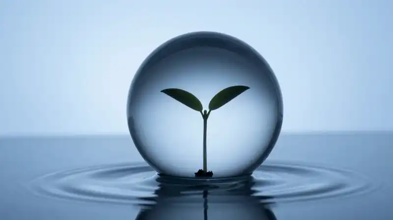 A small sprout grows inside a glass sphere on water