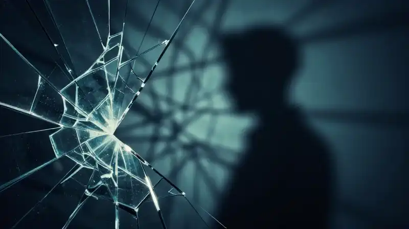 A dark silhouette stands amidst fractured blue glass shards