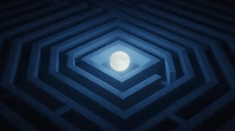 A single glowing light shines within a complex geometric labyrinth