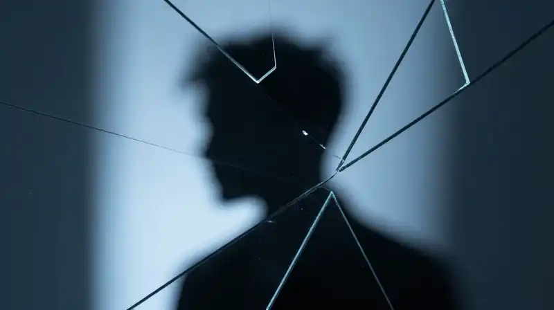 A distorted shadow looms within a shattered porcelain mirror
