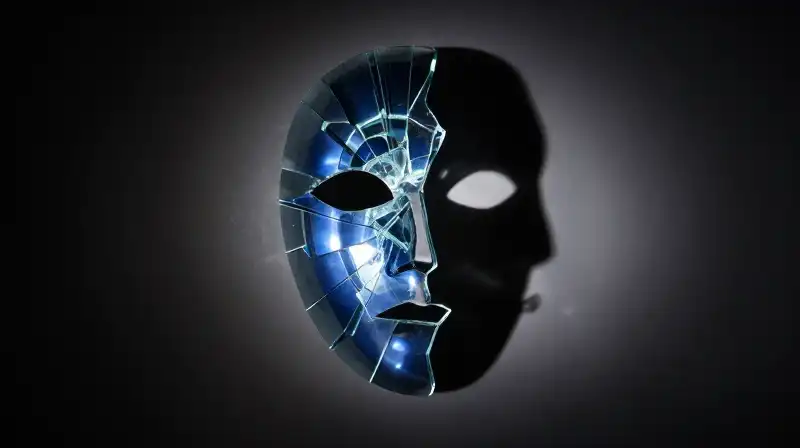 A fractured blue glass mask silhouette in a dim room