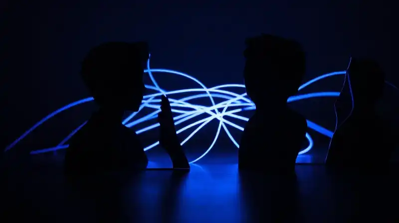 Shadowy silhouettes dance amidst tangled, glowing blue light threads