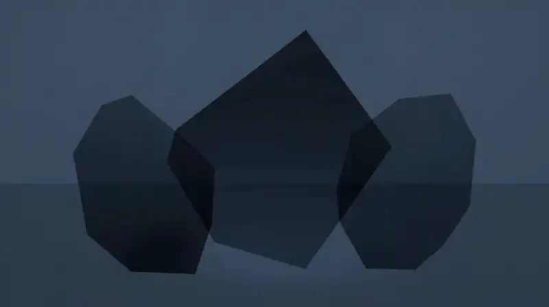 Fragmented shards overlap a dark, central silhouette in blue