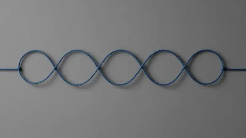 A tangled blue thread forms a repetitive, looping pattern