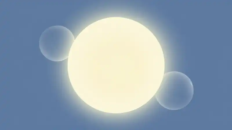 Two glowing, translucent spheres intersect within a calm blue atmosphere