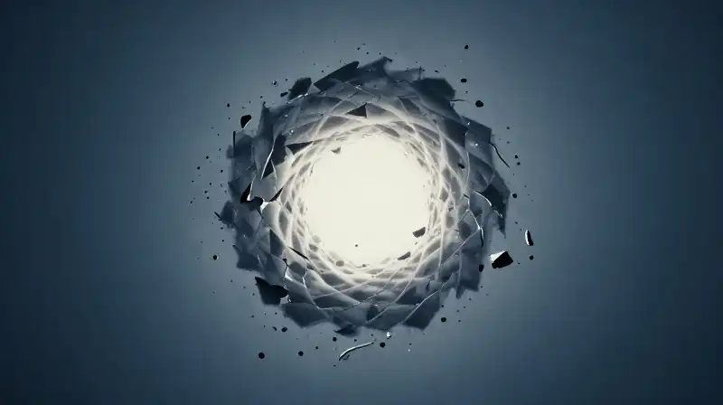 A glowing silhouette spirals into fragments within a blue void