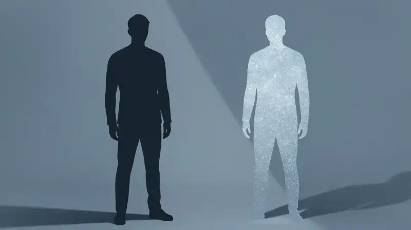 Two contrasting silhouettes, one solid and one shimmering, split apart