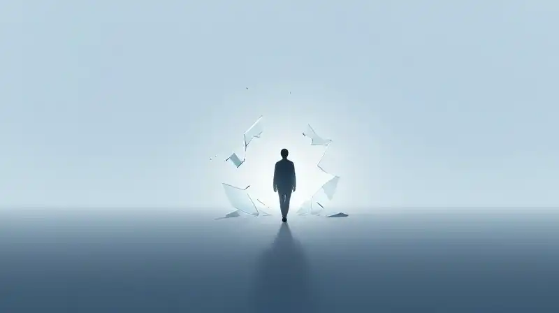 A silhouette walks through broken glass toward a misty horizon
