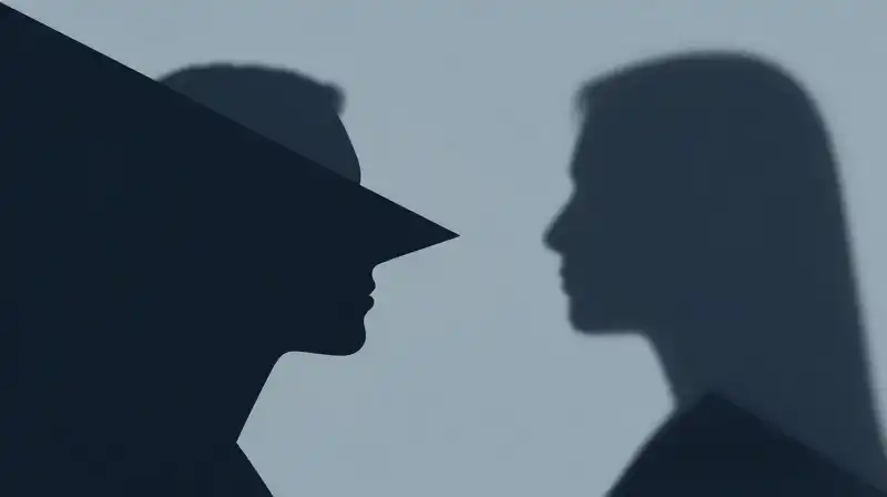Two contrasting blue silhouettes face opposite directions in abstract shadows