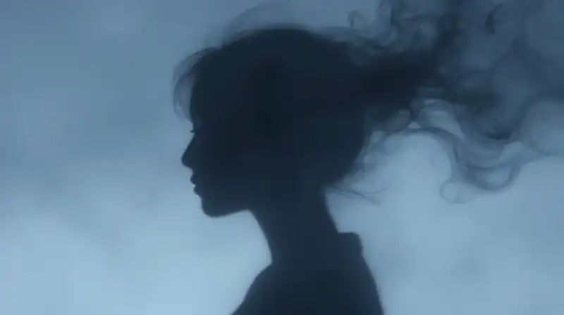 A fragile silhouette dissolves into swirling dark blue smoke