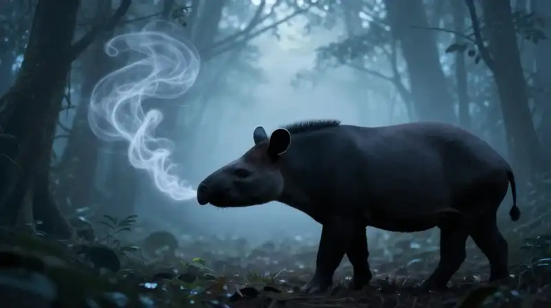 A tapir silhouette sniffs swirling scent trails in a misty forest