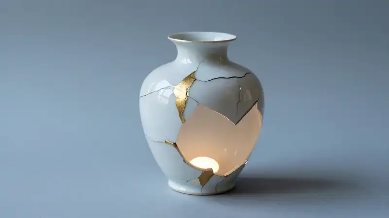 A gold-mended porcelain vessel glows softly against blue shadows
