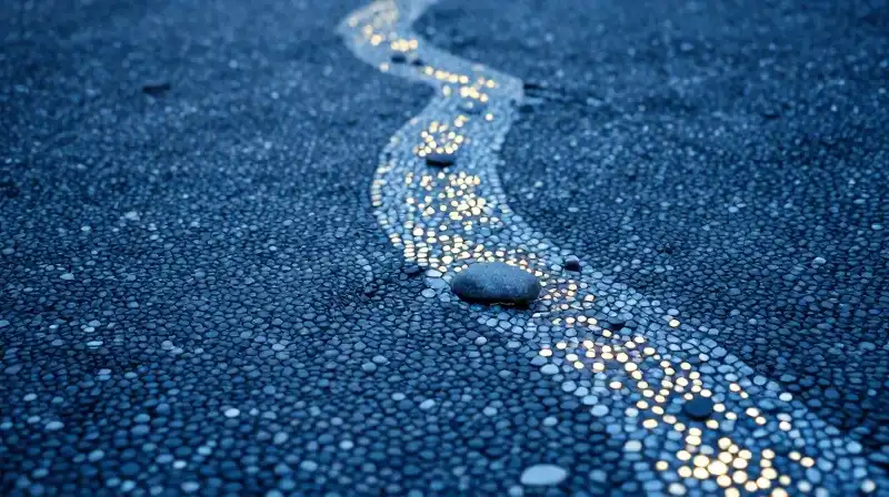 A path of glowing mosaic stones with one being repaired