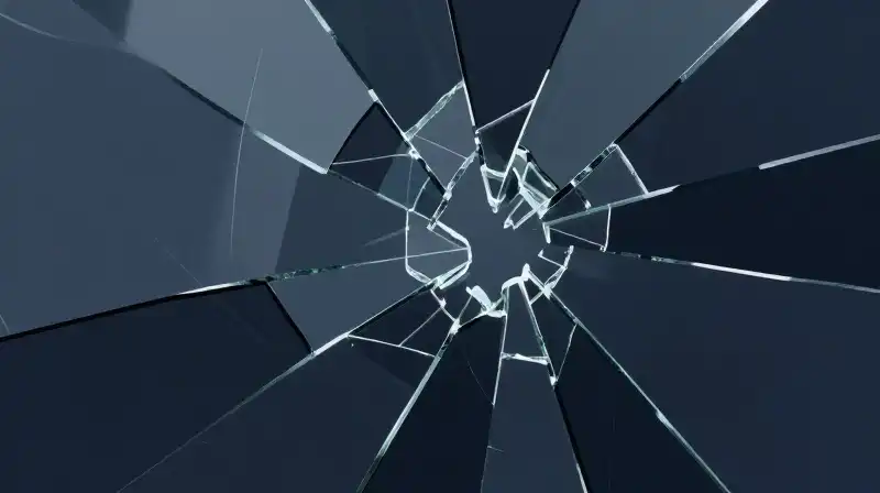 Fragmented blue reflections shimmer within shattered geometric glass pieces