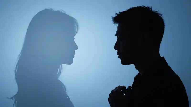 Two contrasting silhouettes, one soft and one dark, divided