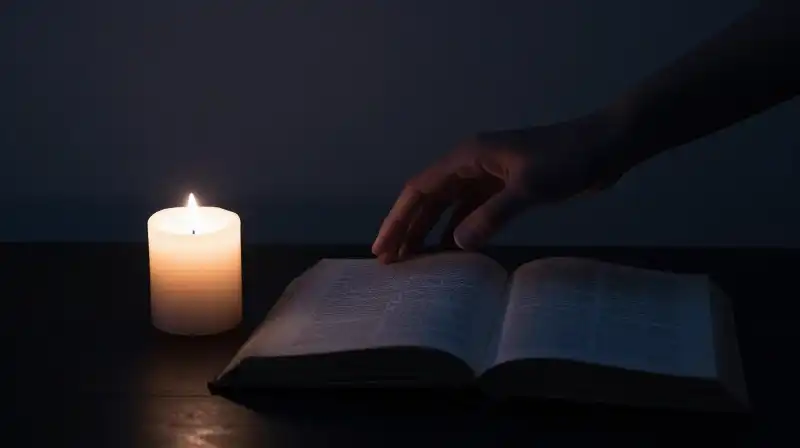 A glowing candle rests by an ancient book near a silhouette
