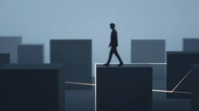 A silhouette walks away from blurred shapes through blue mist