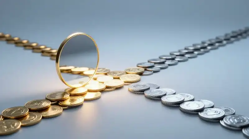 Two paths diverge toward a golden mirror and silver coins