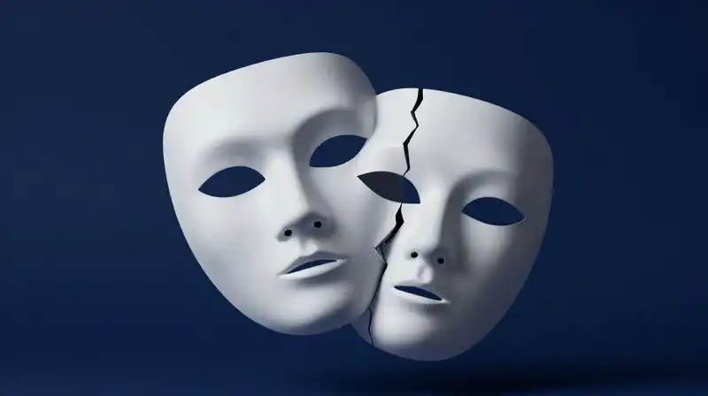 Two contrasting masks, one whole and one cracked, float