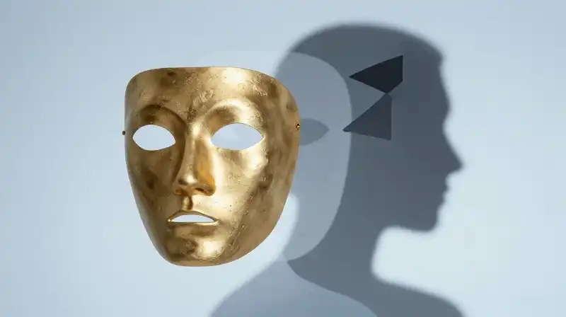 Two overlapping silhouettes of a golden mask and shadow