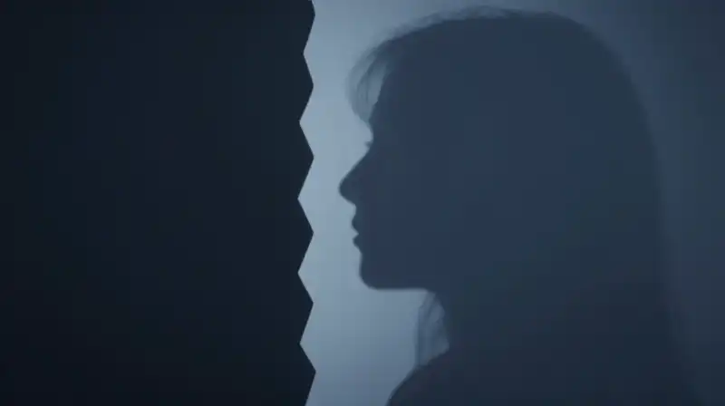 A sharp, jagged silhouette splits against soft, deep blue shadows