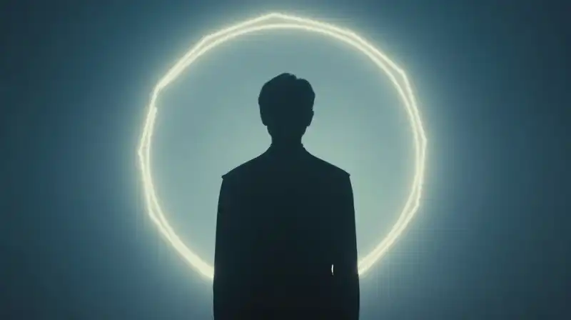 A silhouette draws a glowing circle amidst soft blue mist