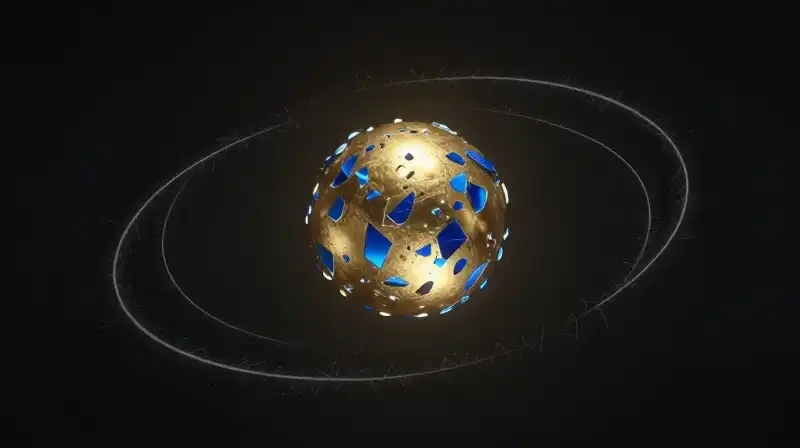 A golden orb shatters into blue shards within a void