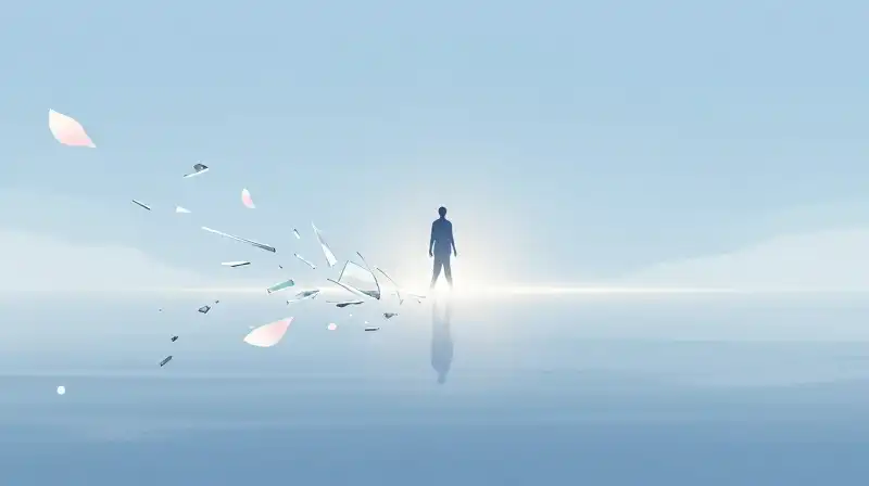 A silhouette steps toward a glowing horizon amidst floating petals