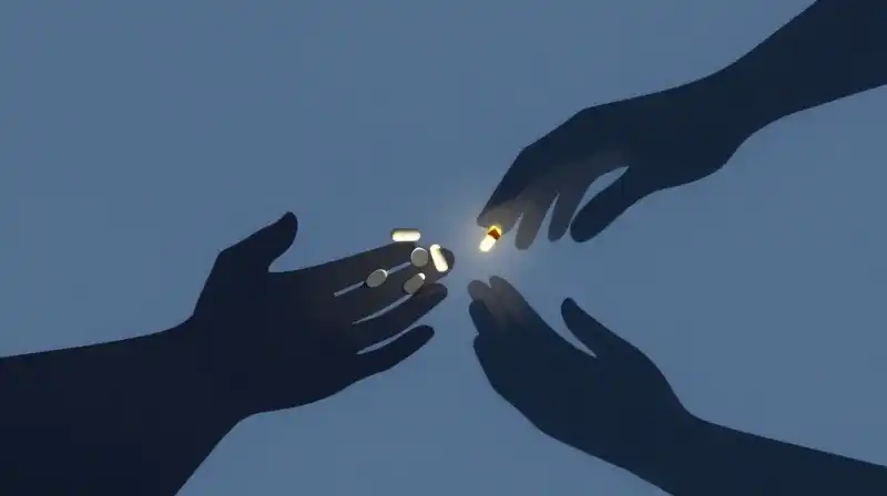 Two diverging paths split amidst glowing, scattered medicinal capsules