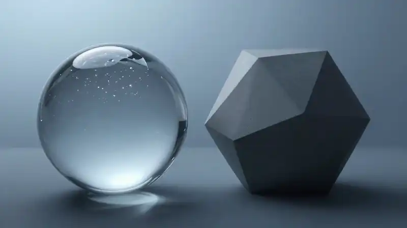 A fragile glass orb faces a heavy geometric monolith