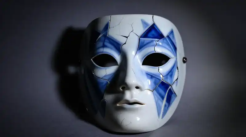 A cracked porcelain mask emerges from dark indigo shadows